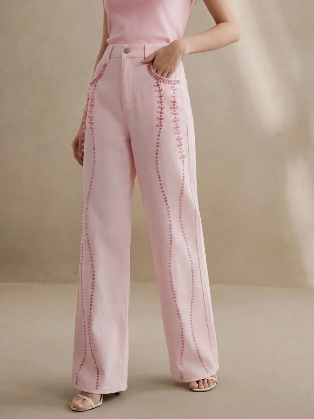 Pink Casual Women's Design Beaded Rhinestone Straight Leg Jeans